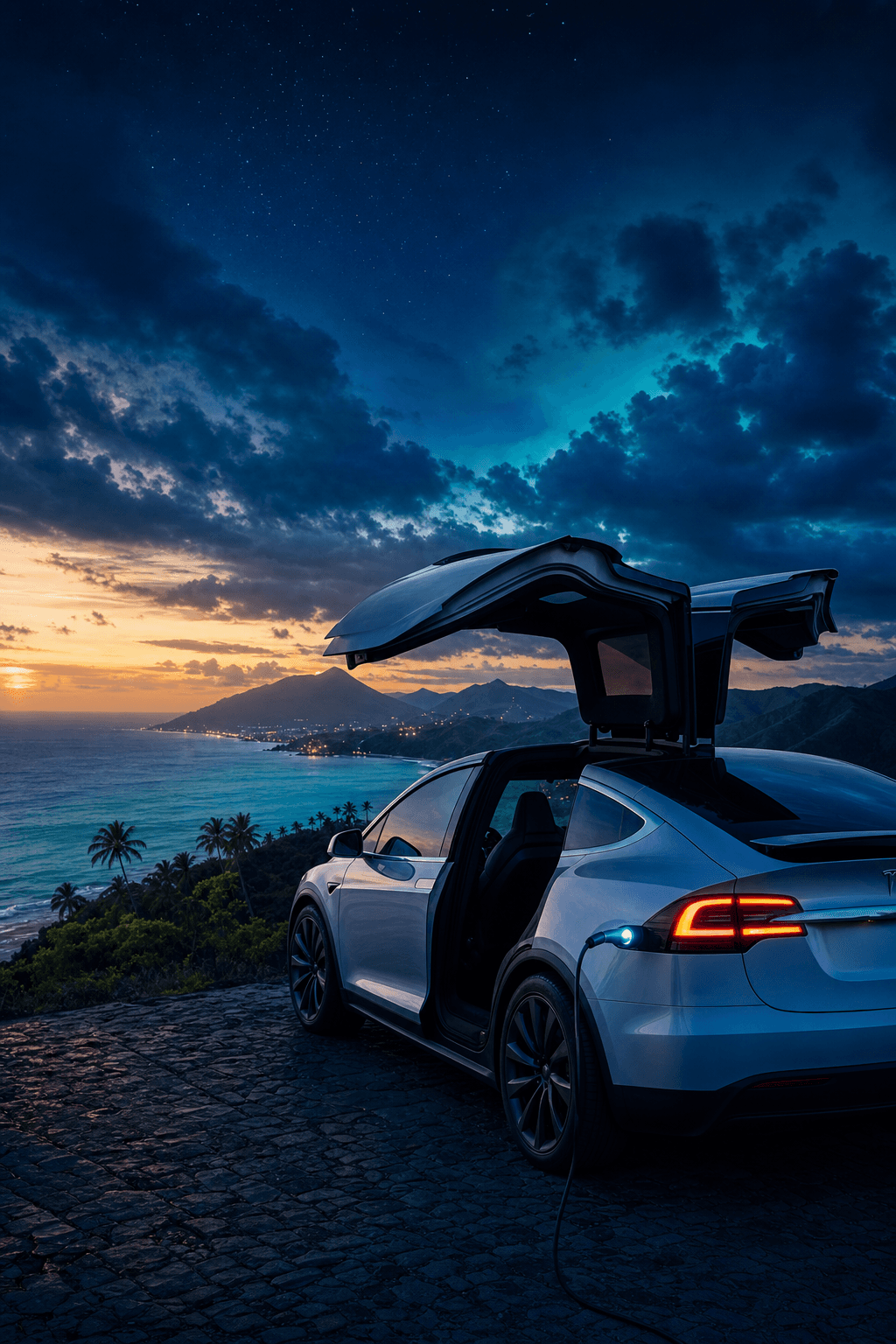 Tesla Model Y with falcon-wing doors open at dusk on a St Kitts coastal cliff, aurora-blue and indigo sky, turquoise ocean, luxury EV branding