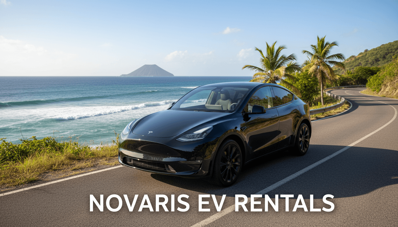 Tesla Model Y on a coastal road in St Kitts with ocean view