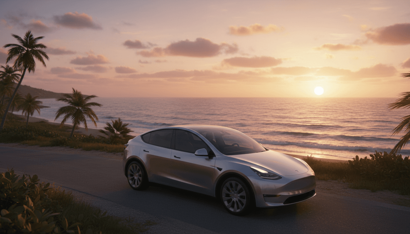 Tesla Model Y parked on a coastal road in St Kitts at dusk