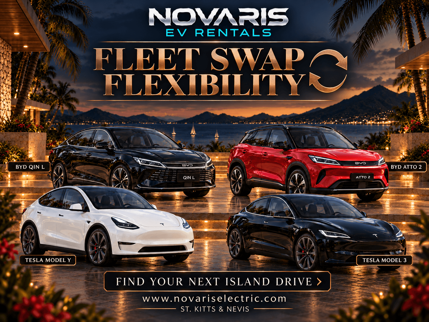 Novaris EV Rentals advertisement featuring Tesla and BYD electric cars at a tropical island sunset.