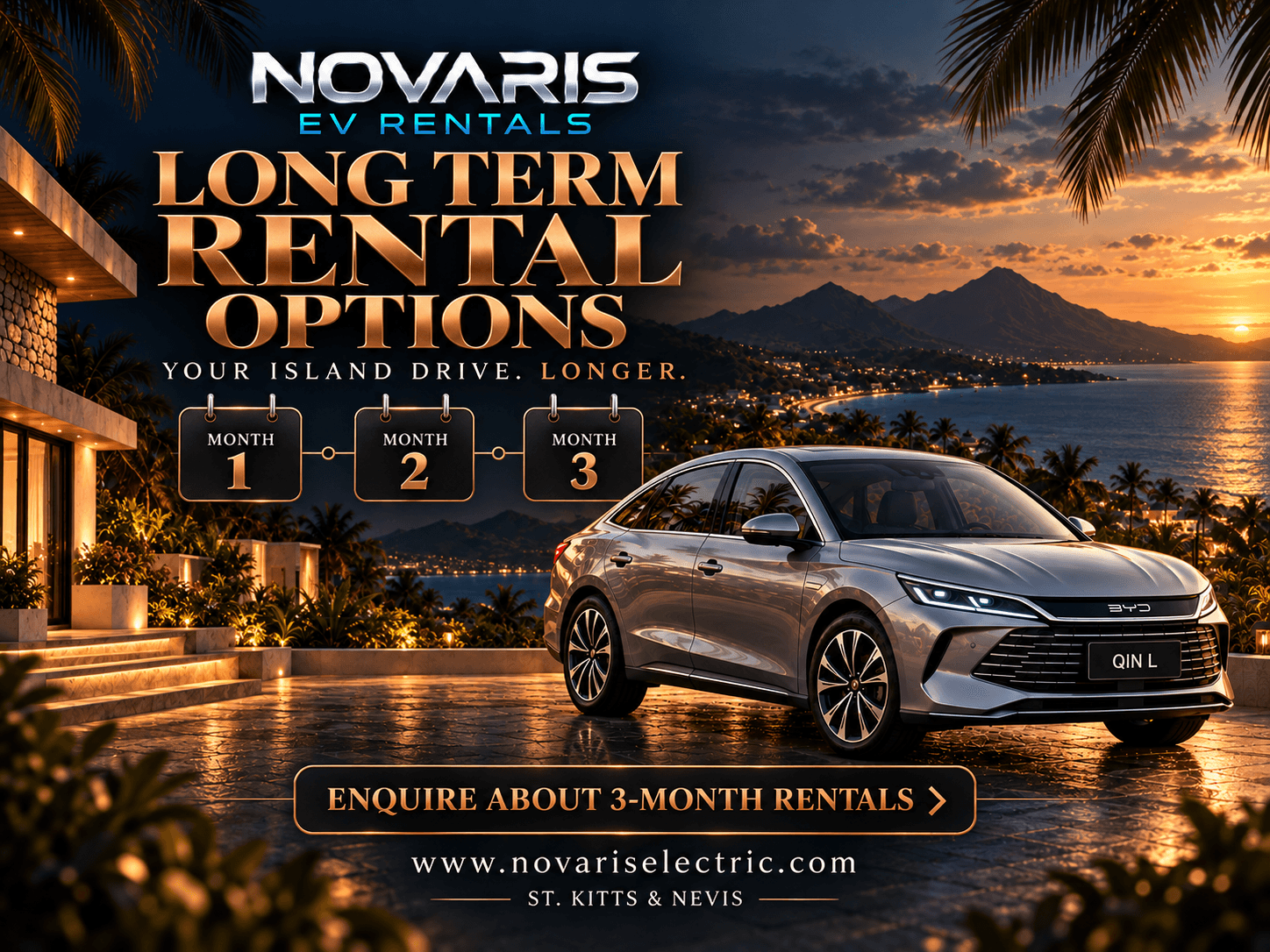 Silver BYD electric car at a luxury villa overlooking a tropical bay at sunset.