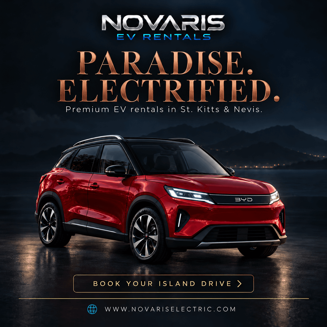 Red BYD electric SUV parked at night with island mountains for Novaris EV Rentals.