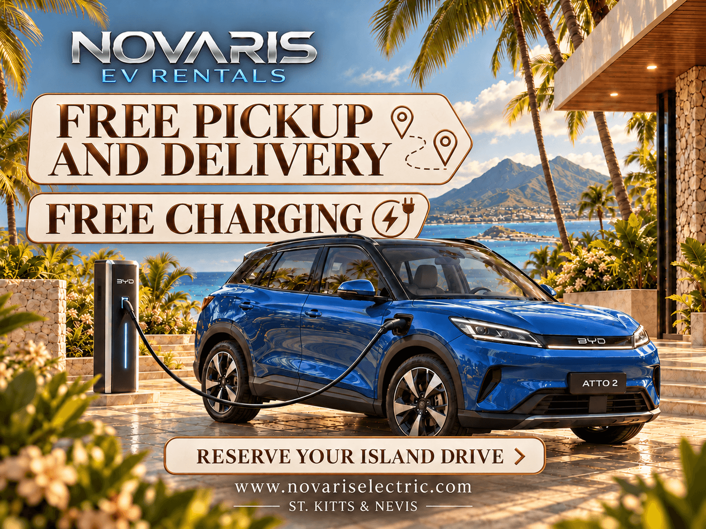 Blue BYD electric car charging in a tropical island setting for Novaris EV Rentals advertisement.