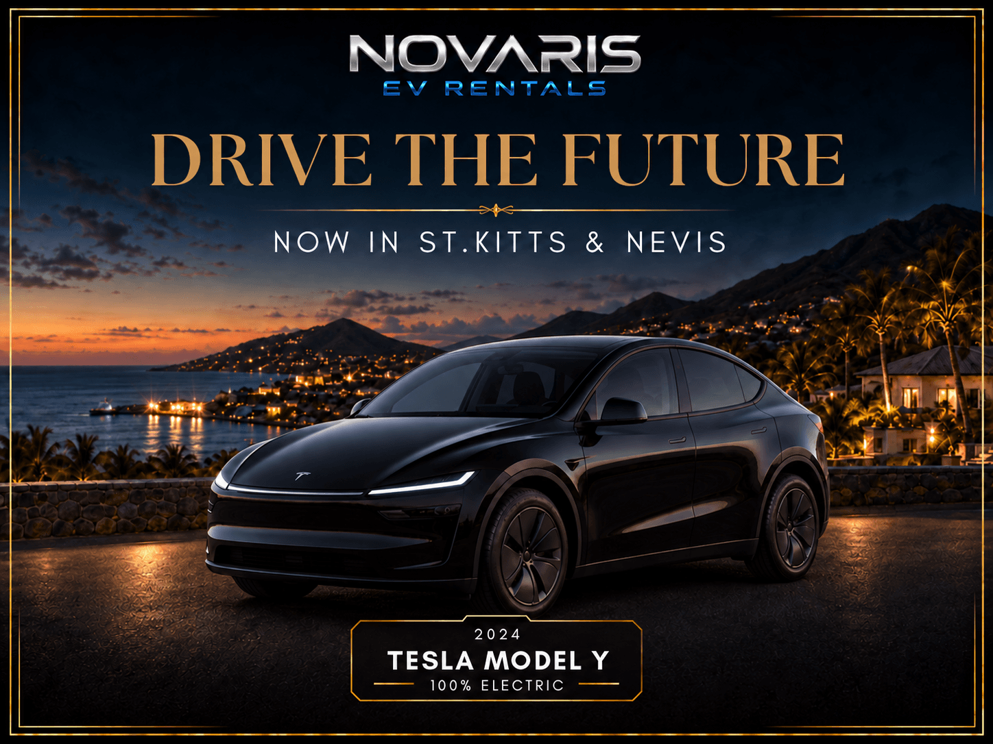 Black Tesla Model Y parked overlooking a tropical coastline at sunset for Novaris EV Rentals.