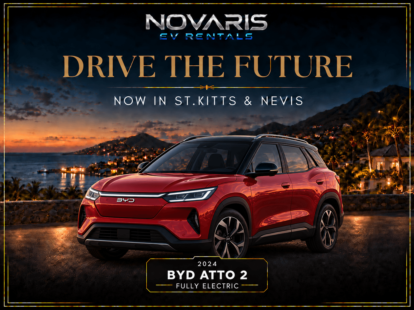 Red BYD Atto 2 electric SUV parked at a coastal sunset for Novaris EV Rentals.