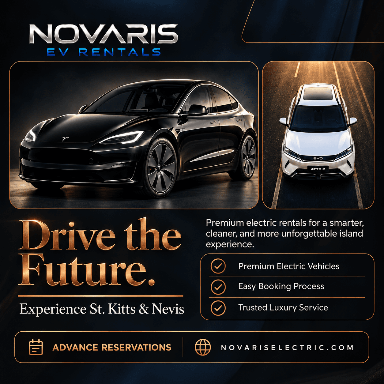 Novaris EV Rentals ad featuring a black Tesla and white BYD for St. Kitts island travel.