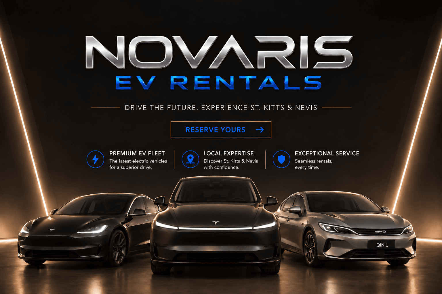 Novaris EV Rentals promotional graphic featuring three sleek electric cars for hire in St. Kitts.