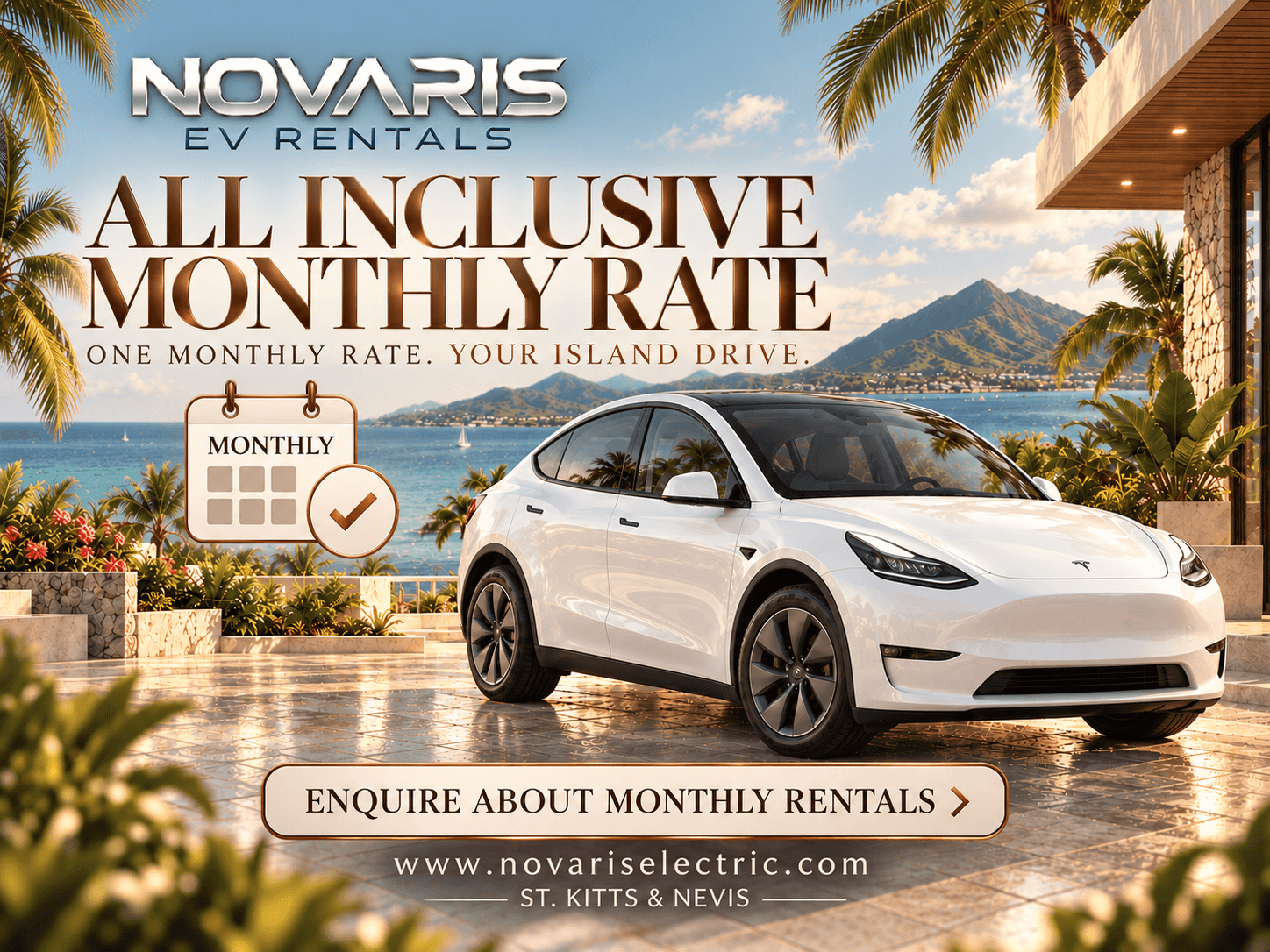 White Tesla parked in a tropical island setting for Novaris EV Rentals all-inclusive monthly rates.