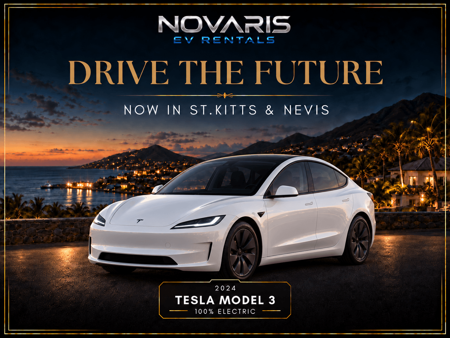 Novaris EV Rentals advertisement featuring a white Tesla Model 3 against a scenic tropical sunset.